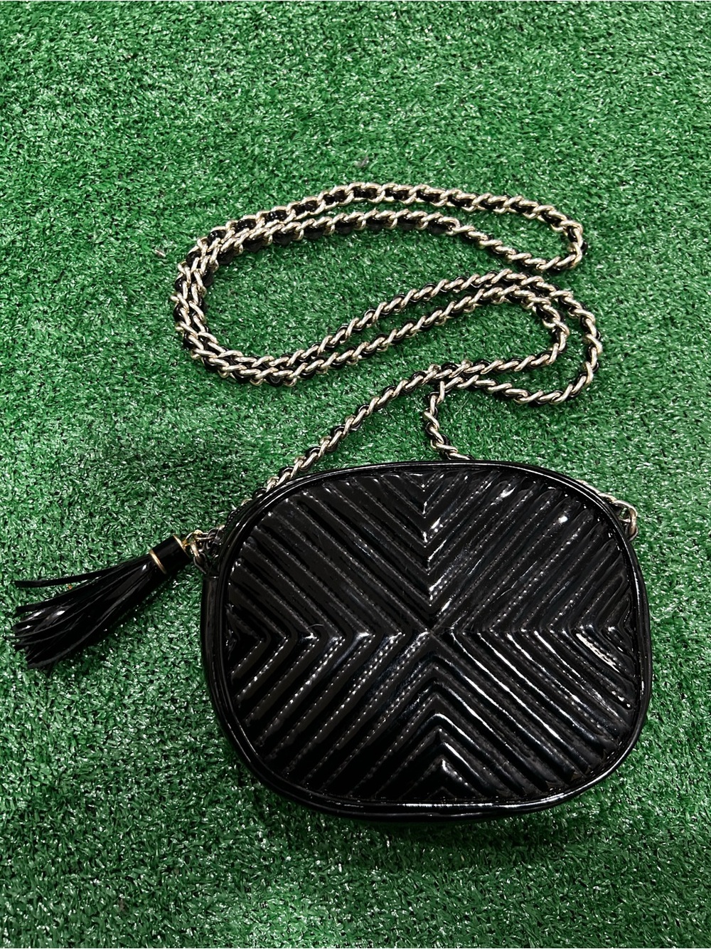 Lord & Taylor Black Patent Leather Tassel Crossbody Bag
